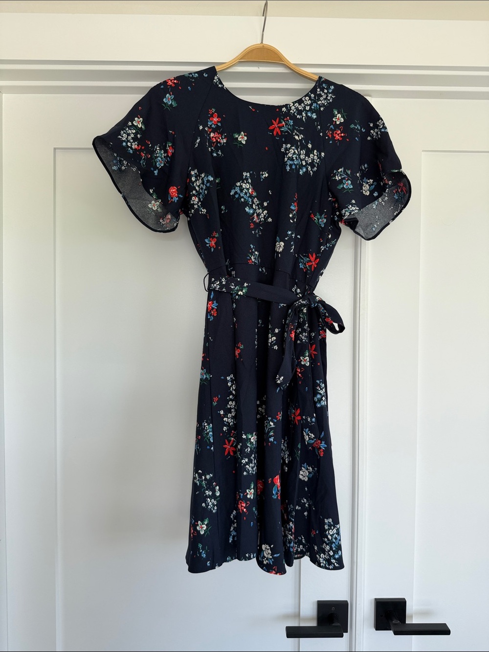 Banana Republic Navy Floral Midi Dress with Tie Waist